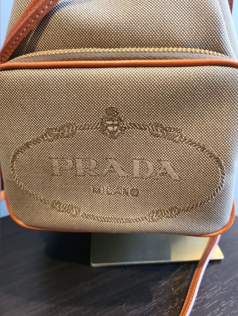 Prada Beige Canvas Duet Drawstring Bucket Crossbody with Leather Trim - Picture 2 of 12